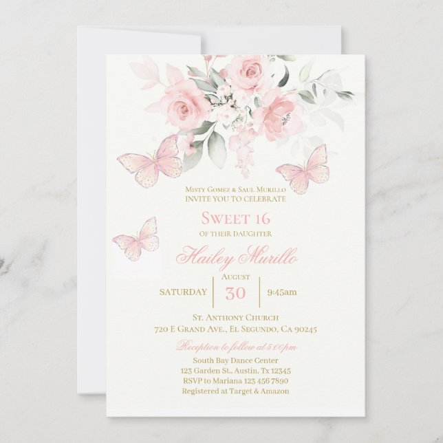 Pink Butterfly Quinceañera  Invitation (Front)