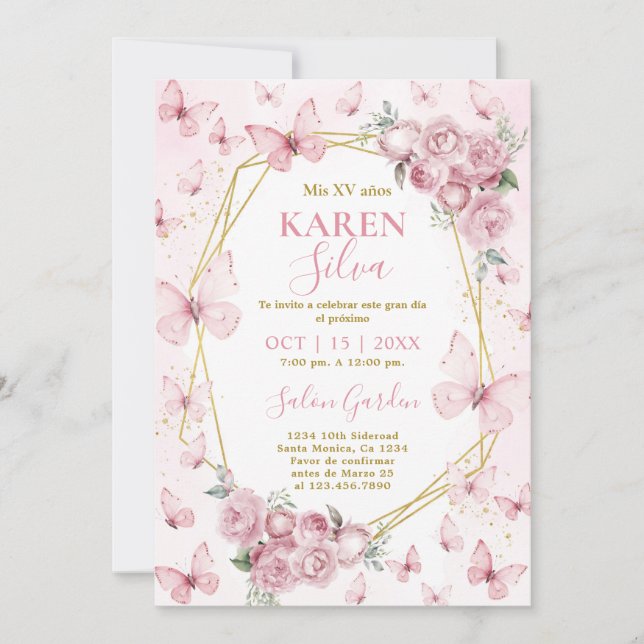 Pink Butterfly Quinceañera Invitation (Front)