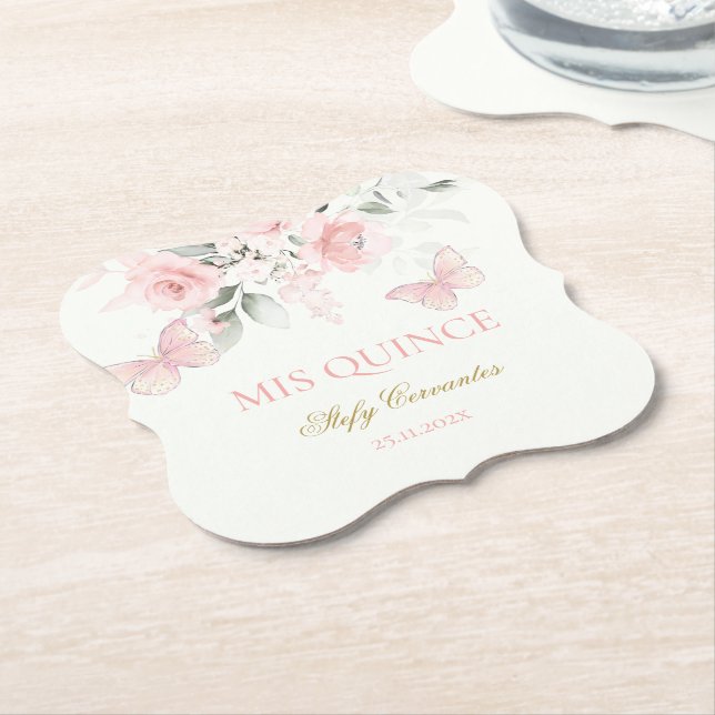 Pink Butterfly Quinceañera Paper Coaster (Angled)