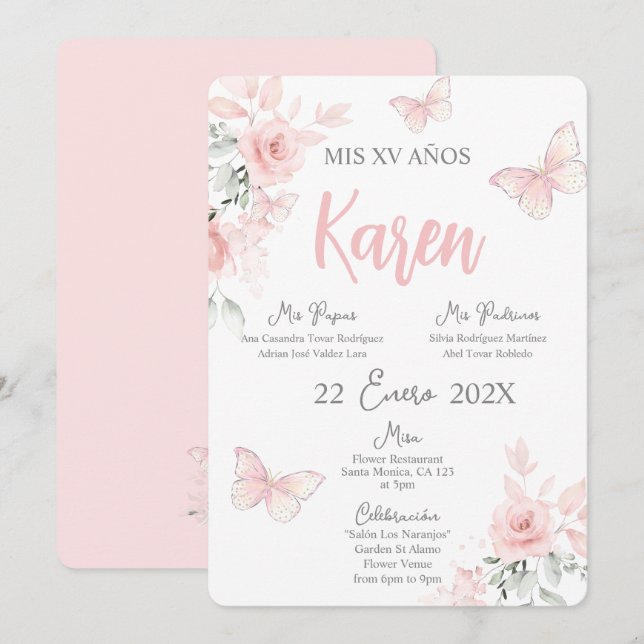 Pink Butterfly Quinceañera Spanish Invitation (Front/Back)