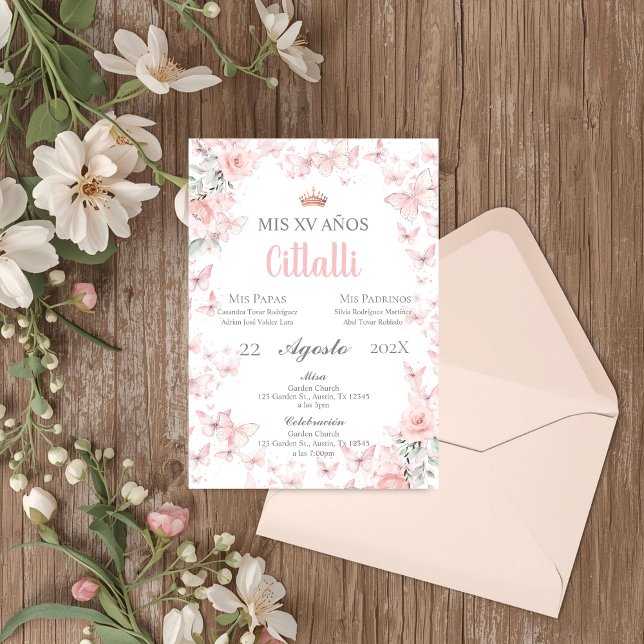Pink Butterfly Quinceañera Spanish Invitation (Creator Uploaded)