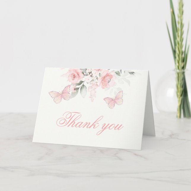 Pink Butterfly Quinceañera Thank You Card (Front)