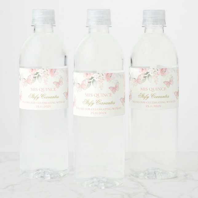 Pink Butterfly Quinceañera Water Bottle Label (Bottles)