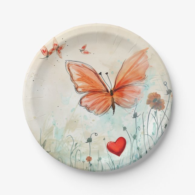 Pink Butterfly & Red Heart Paper Plate (Front)