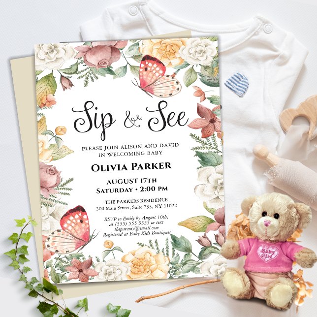 Pink Butterfly Rose Floral Baby Girl SIP AND SEE Invitation (Creator Uploaded)