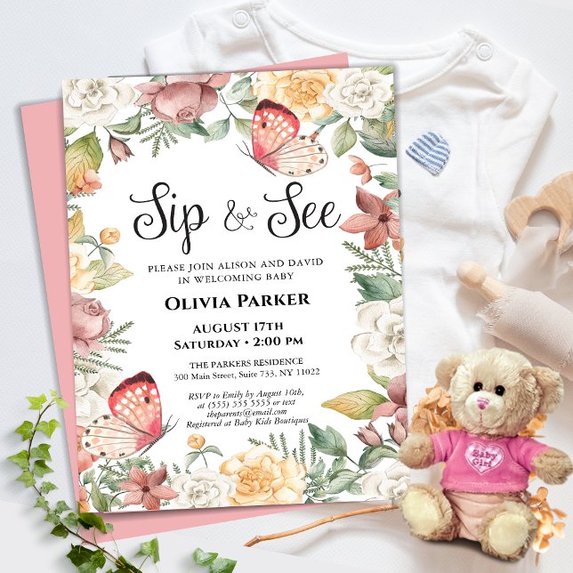 Pink Butterfly Rose Floral Baby Girl SIP AND SEE Invitation (Creator Uploaded)