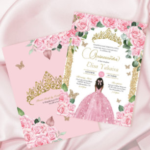 Pink Butterfly Rose Floral Princess Quinceanera Invitation