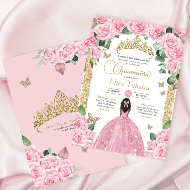 Pink Butterfly Rose Floral Princess Quinceanera Invitation (Creator Uploaded)