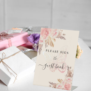 Pink butterfly roses beige pampas guest book sign