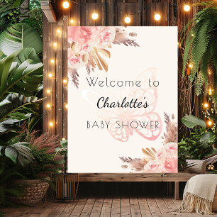 Pink butterfly roses pampas Baby Shower welcome Poster