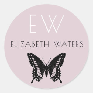 PINK BUTTERFLY ROUND CUSTOM NAME STICKER