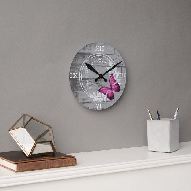 Pink Butterfly Rustic Acrylic Wall Clock (Office)