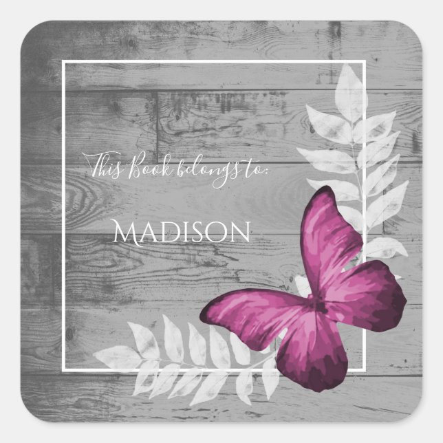 Pink Butterfly Rustic Book Sticker (Front)