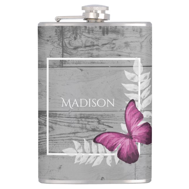 Pink Butterfly Rustic Flask (Front)