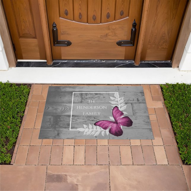 Pink Butterfly Rustic Personalised Doormat (Outdoor)