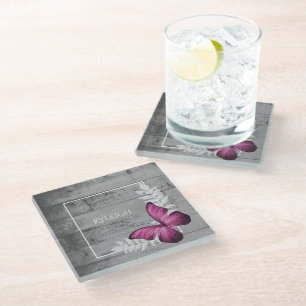 Pink Butterfly Rustic Personalised Glass Coaster