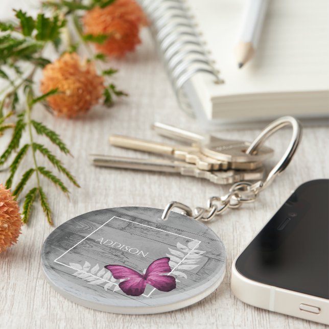 Pink Butterfly Rustic Personalised Keychain (Front Right)