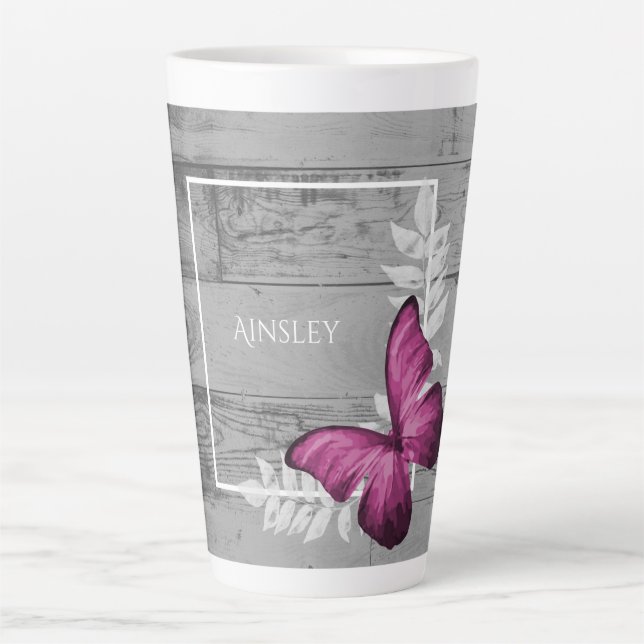 Pink Butterfly Rustic Personalised Latte Mug (Front)