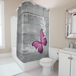 Pink Butterfly Rustic Personalised Shower Curtain