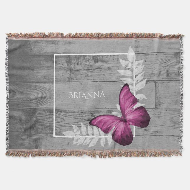Pink Butterfly Rustic Personalised Throw Blanket (Front)