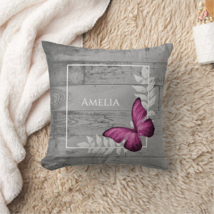 Pink Butterfly Rustic Throw Pillow