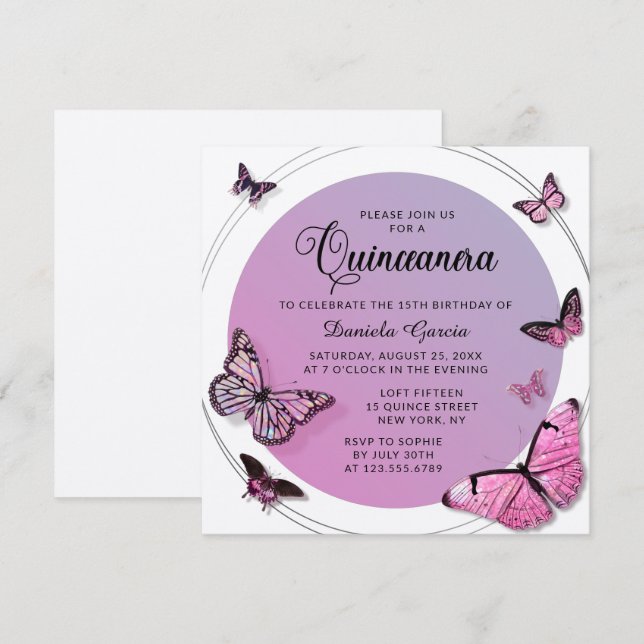 Pink Butterfly Shimmer Modern Quinceañera Invitation (Front/Back)