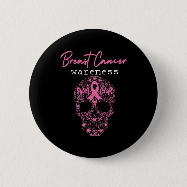 Pink Butterfly Skull Breast Cancer Awareness Hallo 6 Cm Round Badge (Front)