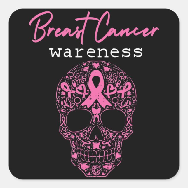 Pink Butterfly Skull Breast Cancer Awareness Hallo Square Sticker (Front)