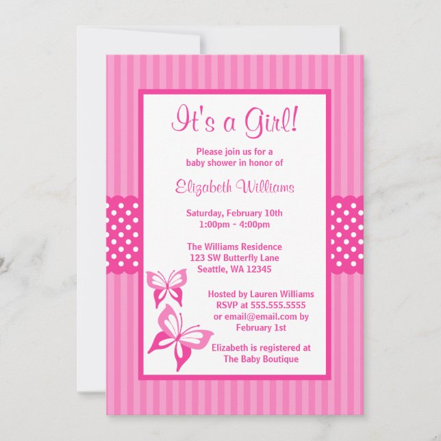 Pink Butterfly Stripes and Dots Baby Shower Invitation (Front)