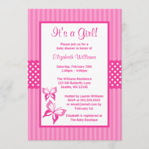 Pink Butterfly Stripes and Dots Baby Shower Invitation