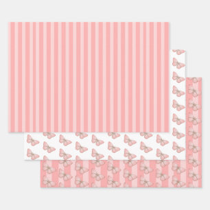 Pink Butterfly Stripes Wrapping Paper Sheet