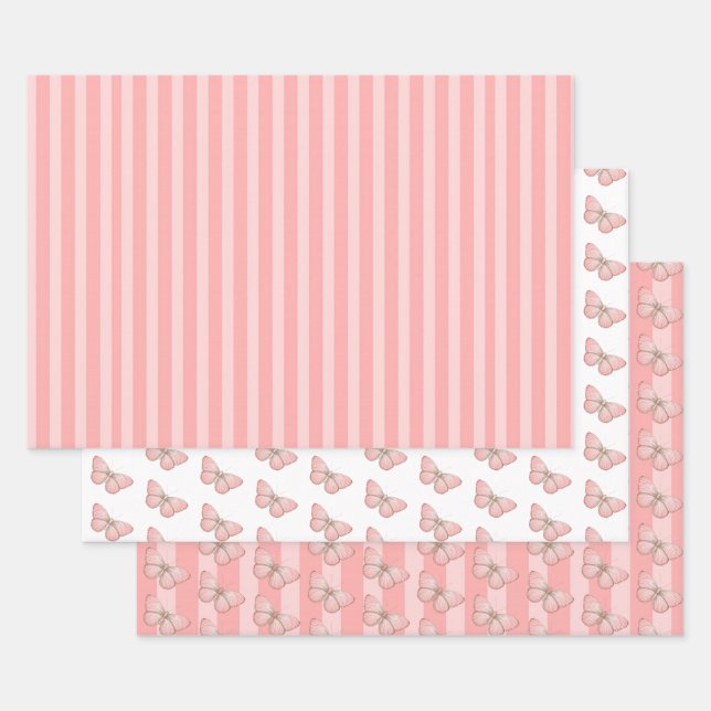 Pink Butterfly Stripes Wrapping Paper Sheet (Set)