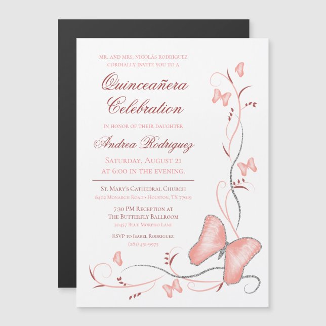 Pink Butterfly & Swirls Quinceañera Magnetic Invitation (Front/Back)