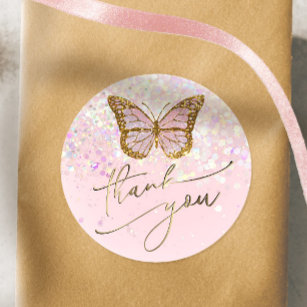 pink butterfly thank you classic round sticker