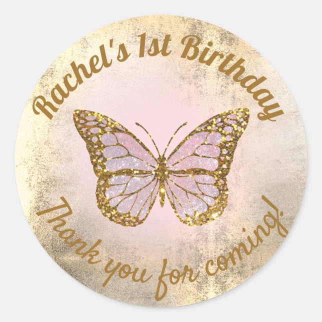 Pink butterfly thank you for coming classic round sticker (Front)
