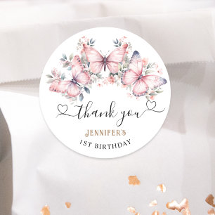Pink Butterfly Theme 1st Birthday Favour Classic Classic Round Sticker
