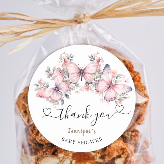 Pink Butterfly Theme Baby Shower Favour Classic Round Sticker (Creator Uploaded)