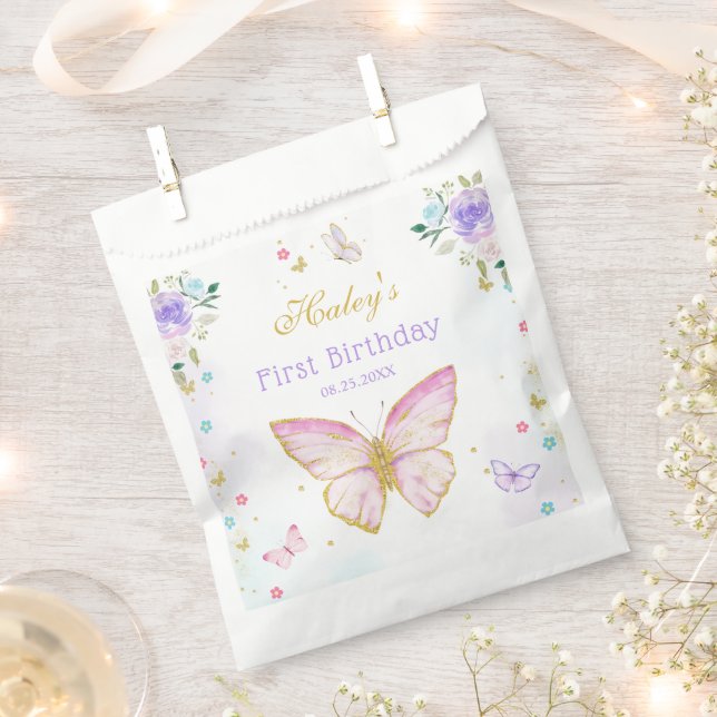 Pink Butterfly Theme Floral Girl Birthday Favour Bags (Clipped)