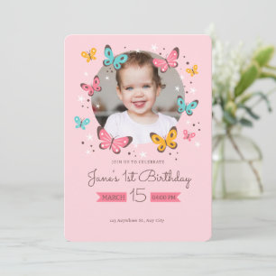 Pink Butterfly Theme With Photo 1st Birthday Invitation