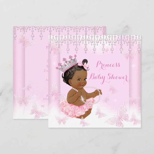 Pink Butterfly Tiara Princess Baby Shower Ethnic Invitation (Front/Back)