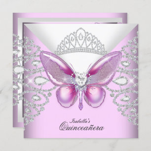 Pink Butterfly Tiara Quinceanera 15th Party Invitation