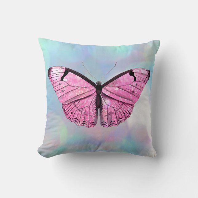 Pink Butterfly Vintage Illustration Throw Pillow (Front)