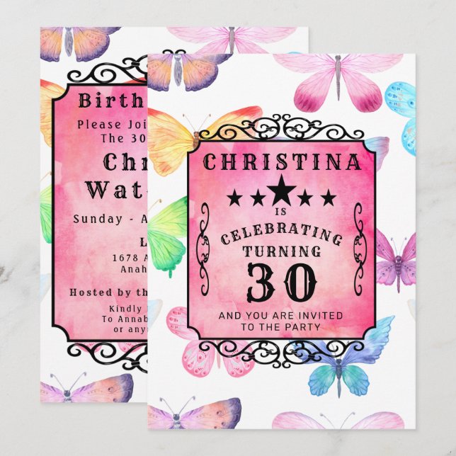 Pink Butterfly Watercolor 30th Birthday Party Invitation (Front/Back)