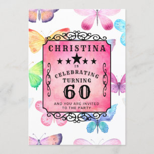 Pink Butterfly Watercolor 60th Birthday Party Invitation