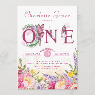 Pink Butterfly Watercolor Floral Birthday Invitation