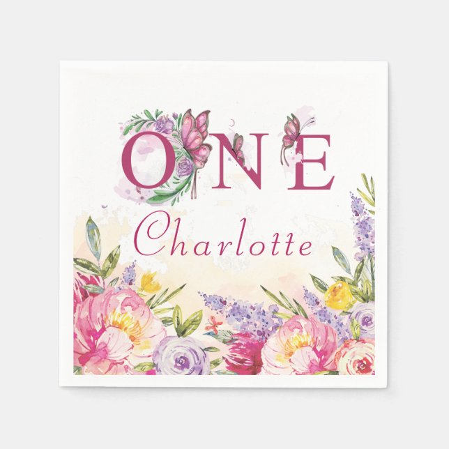 Pink Butterfly Watercolor Floral Birthday ONE Napkin (Front)