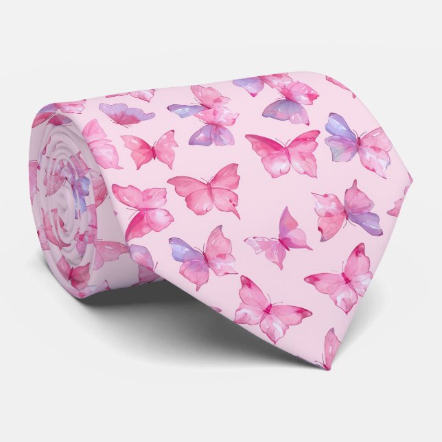 Pink Butterfly Watercolor Tie (Rolled)