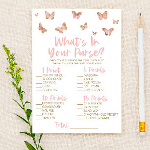 Pink Butterfly What's In Purse Baby Shower Game Stationery