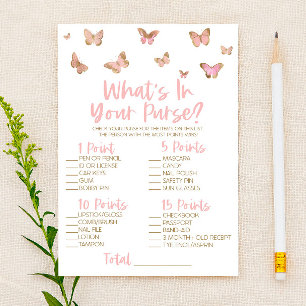 Pink Butterfly What's In Purse Bridal Shower Game Stationery