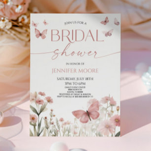 Pink Butterfly Wildflower Floral Bridal Shower Invitation